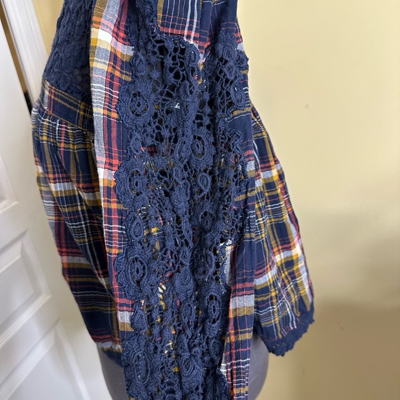 Anthropologie Navy Plaid Lace Detail Women's Top - Picture 8 of 12